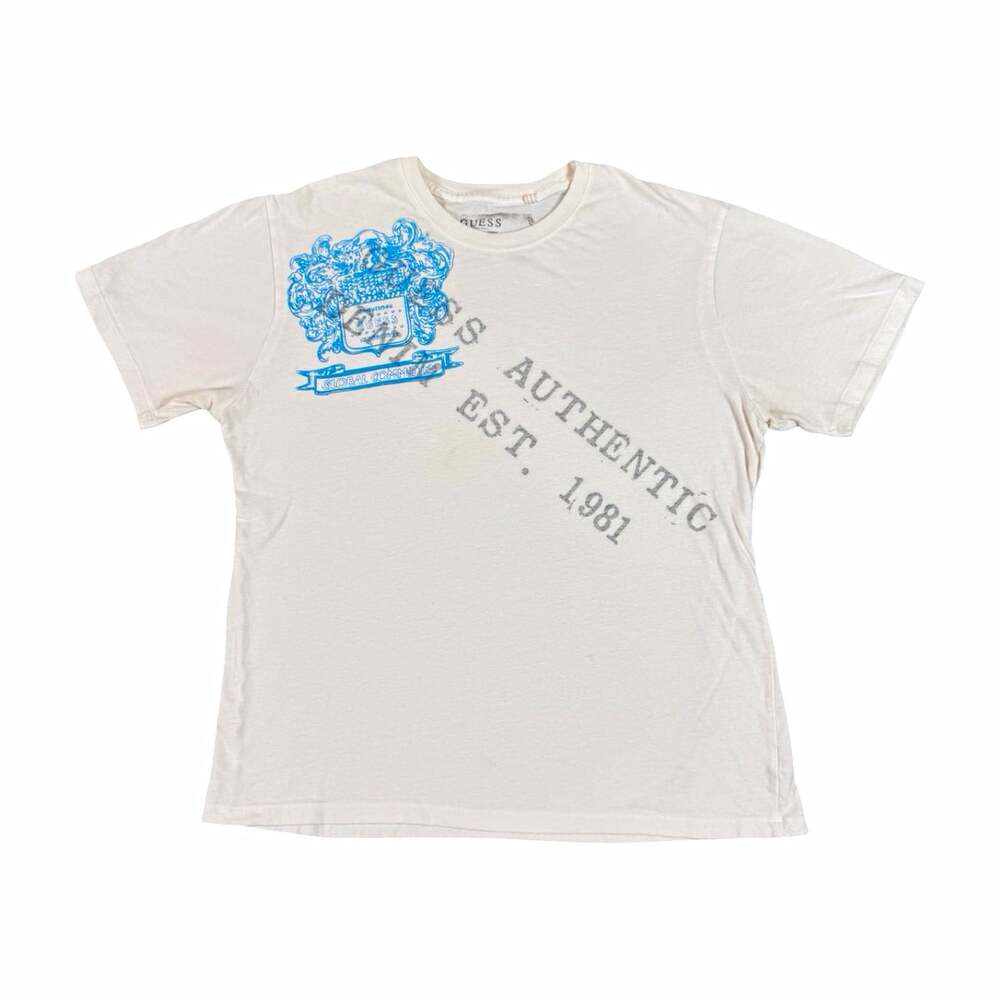 Vintage Y2K GUESS Graphic Logo Short Sleeve White Knit Cotton T-Shirt Size XL